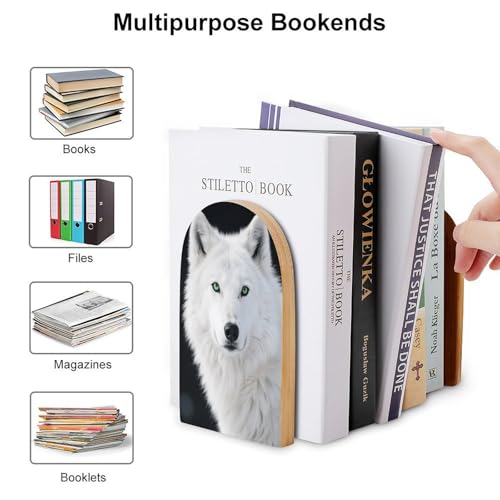 Sujetalibros de lobo blanco de madera y base de metal, organizador antideslizante de 1 par 4