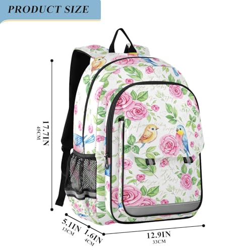 Watercolor Roses Backpack for Kids, Front Flap School Bag, 17 Inch Kids Laptop Backpack for Girls, Age 6-122