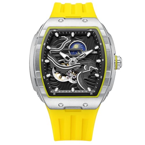Image of Men's Luxury Steampunk Automatic Mechanical Watch Great Wall of China Pattern Carving Watch Tonneau Hollowed Moon Phase Dial Waterproof Luminous Silicone Wristwatch