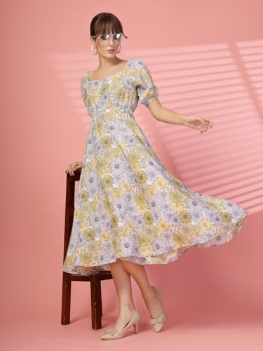Image of OOMPH! Below Knee Shift Pink Dress in Crepe Fabric with Round Neck and Puff Sleeves - md619l