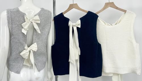 Image of chouyatou Women's Y2K Backless Crop Sweater Vest Back Tie Knot Crewneck Sleeveless Knit Vest Tank Tops