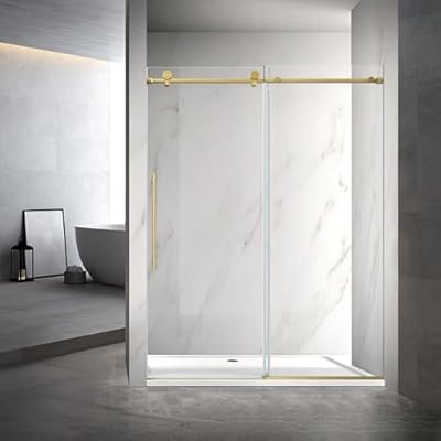 Sunrosa 60" W x 76" H Frameless Shower Door, Sliding Shower Door with Soft Close System, Glass Shower Door with 3/8" (10 mm) Clear SGCC Tempered Glass, Brushed Gold