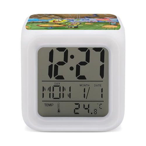 スポンジ・ボブ 目覚まし時計 アナログ 大音量 アラーム マルチカラー調整可能 置き時計 デジタル カレンダー 温度 湿度 カレンダー デジタル時計 寝室 時計 バックライト スヌーズ機能付き ホワイト