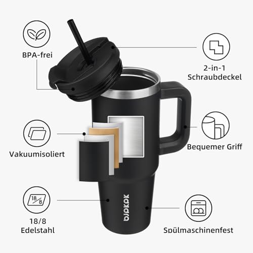 BJPKPK 900 ml Isolierter Edelstahl-Becher mit Griff Deckel und Strohhalm – Ansicht 4