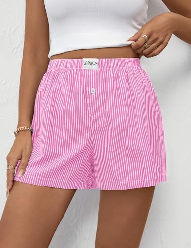Image of LOMON Boxer Shorts for Women Summer Gingham Pajamas 2026 Lounge Sleep Pj Plaid Shorts Y2K Beach Bottoms with Pockets