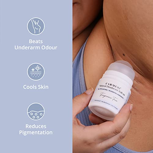 Image of Carmesi Natural Underarm Roll On Deodorant for Women | 95% Natural + 5% Essential Ingredients | For Fresh Underarms All Day | No Alcohol & Aluminium | Fragrance Free | 50 ml