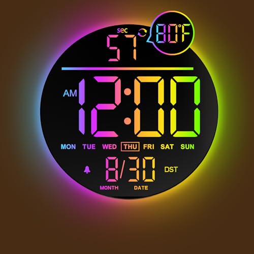 JALL 10' Large Digital Wall Clock with Seconds, Alarm Countdown Timer, Big LED Display, RGB Color, DST, Temperature, Mounted for Bedroom Living Room Office Classroom Gym, Xmas Birthday Gift, RGB