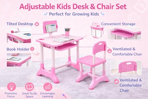 Image of Toby Adjustable Kids Study Table & Chair Set with Book Holder, Wide Desktop & Storage Drawer | Height Adjustable Children Study Desk for Home & School (Pink)