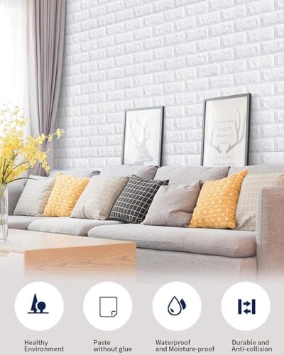 Image of VEXIO 3D Brick Wallpaper PE Foam Self Adhesive Wall Stickers | Waterproof, Anti-Collision DIY Peel & Stick Wall Panels for Home, Bedroom, Living Room & Office Decor (White)