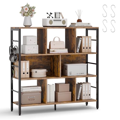 ELUCHANG Bücherregal, Standregal mit 8 Fächern, Regal mit 3 Ebenen Kostenlose Haken, für Wohnzimmer, Schlafzimmer, Arbeitszimmer, Küche 30x94x95cm, Vintagebraun-Schwarz