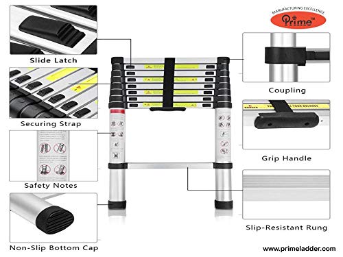 Prime 3.8m (12.5 feet) Portable and Compact Telescopic Aluminium Ladder | Extension Multipurpose Step Ladder for Home and Outdoor | Anti-Slip Rubber Shoes (3.8M) 1