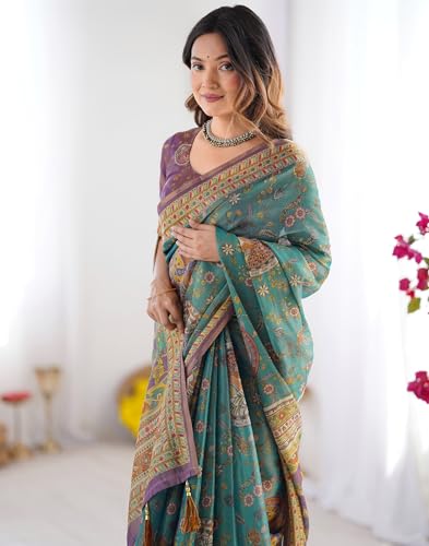 Image of SIRIL Women's Cotton Linen Kalamkari Printed Handloom Saree with Unstitched Blouse Piece