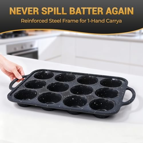 12-Cup Silicone Muffin Pans for Baking, Black with White Dots, Non-Stick with Reinforced Steel Frame for Stability, BPA-Free Bakeware - Thumbnail 4
