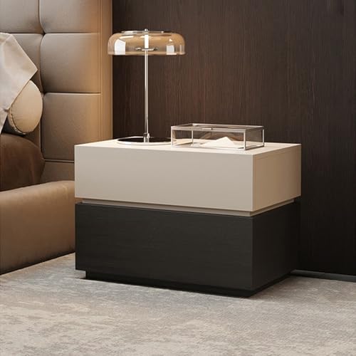 Mesita de noche moderna de madera maciza de alto brillo con encimera ancha y almacenamiento zonificado, elegante mesa auxiliar para dormitorio, sala de estar, armario (caqui y negro, 60 x 40 x 45 cm)