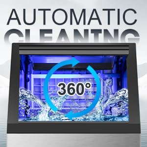 Graphic showing the 360-degree automatic cleaning function of the ice maker.