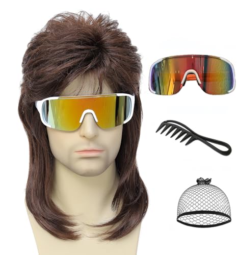 Auguyist Mullet Wig for Men Women Retro Costume Wig for Halloween, Cosplay, Mullet Wigs for 80s Themed Parties, Rock Star Costumes (Medium Brown)