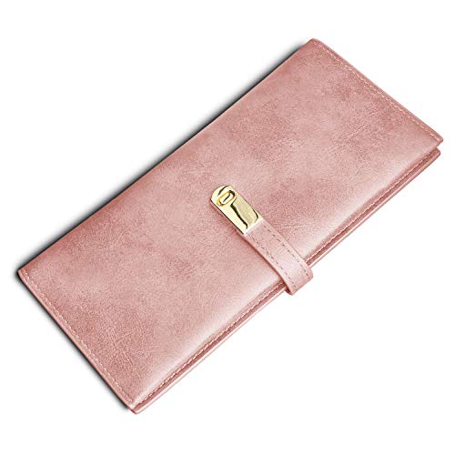 Ultra Slim Wallet for Women Leather,Thin Womens Wallet Billfold Skinny Rfid Ladies Wallet Large Bifold Long Card Holder Flat Coin Purse Magnetic Closure(Pink)
