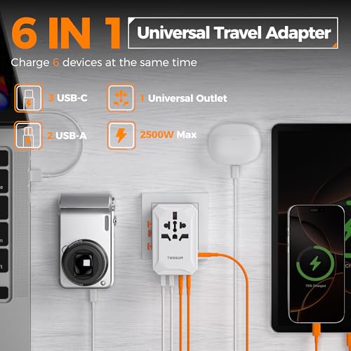 Image of TESSAN Universal Travel Adapter, International Power Adapter with 5 USB Ports (3 USB C), Worldwide Plug Adaptor for US to Europe UK France Germany Spain Ireland Australia Japan (Type C G A I)