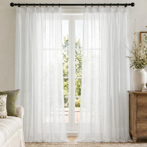 Deconovo Cortinas Translúcidas Blanco Natural para Salón y Dormitorio, Cortinas Modernas 140x260 cm 2 Piezas con Cinta Fruncida, Visillos Efecto Lino, Luz Suave y Acabado Elegante