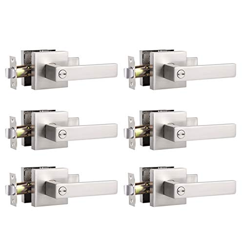 6 Pack Knobonly Square Privacy Door Handle Keyless Lockset Brushed Nickel Bedroom Bathroom Interior Door Lever Locked Inside with Turn-Button