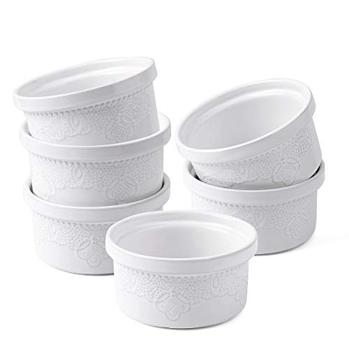 FE Ramekins, Lace Emboss Ramekin 8 oz Oven Safe, Creme Brulee Set of 6, Ceramic Souffle Dish for Baking Dessert and Cake (Ivory White) FE Ramekins, Lace Emboss Ramekin 8 oz Oven Safe, Creme Brulee Set of 6, Ceramic Souffle Dish for Baking Dessert and Cake (Ivory White)