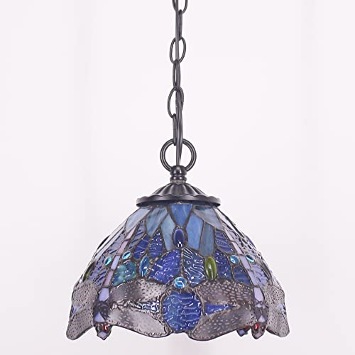 Rhlamps Tiffany Pendant Lighting With W8H7 Inch Navy Blue Stained Glass Dragonfly Style Shade, Vintage Black Metal Hanging Lamp, Luxury Ceiling Fixture For Living Room Bedroom Kitchen Dining Room #TOP6