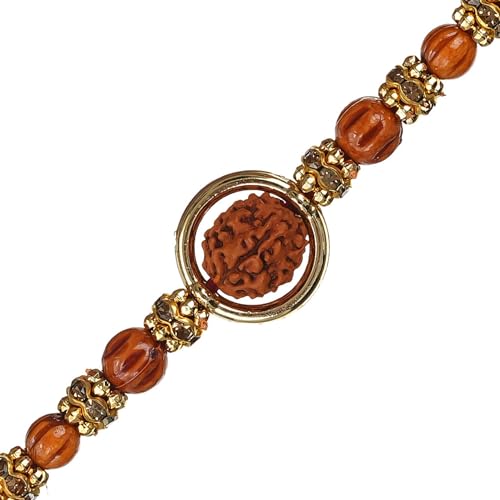 Image of eCraftIndia Beads Rudraksha Rakhi for Brother Bhaiya Bhai with Best Bro Ever Fridge Magnet | Roli Chawal Pack