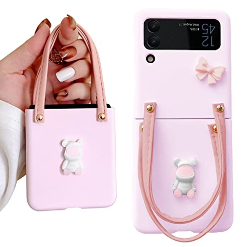 Funda para Samsung Z Flip 4 con Correa, Nudo de Lazo Oso Lindo Galaxy Z Flip 4 Estuche con Correa Cuero, Mujeres Niñas Flip 4 Funda Protectora Anti-Scratch Carcasa para Samsung Galaxy Z Flip 4 - Rosa Cover