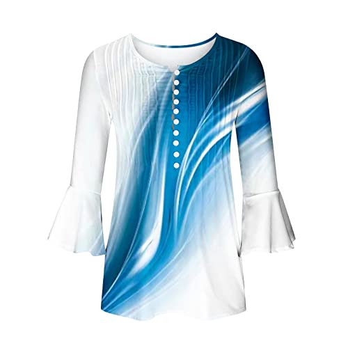 Button Down Shirts For Women Summer Marble Print Tunic Spring Tops For Women 2023 Trendy Boho Bell Sleeve 3/4 Sleeve V Neck Blouses & Button-Down Shirts Blouses Lightweight Sky Blue M #TOP4