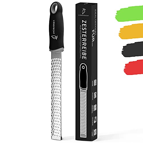 Liebspecht® Hochwertige Edelstahl Zester Reibe - Ideale Parmesanreibe - Käsereibe - Zitronenreibe - Muskatnussreibe - Keine abstumpfenden Klingen, inkl. Schutzhülle und Bürste - Innovative Form Cover