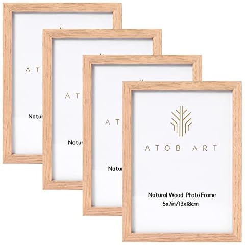 ATOBART 5x7 Picture Frame Made of Solid OAK Wood Covered by Real Glass,5x7 Natural Wood Photo Frame for Wall Mounting or Table Top Display,Set of 4 Cover