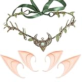 LINSINA Fairy Leaf Crown and Elf Ears, Renaissance Headpiece Costume Accessories with 2 Pairs Elf Ears for Women (green)
