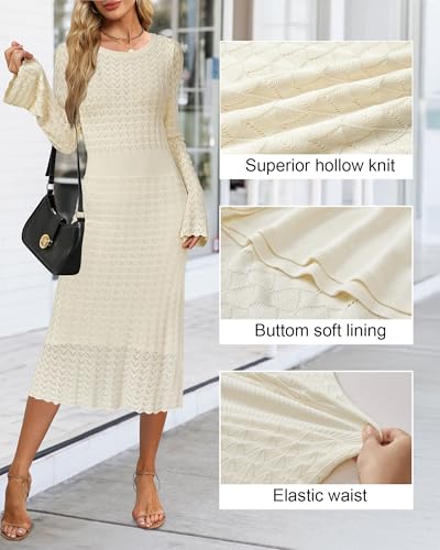Image of Newshows Women's Hollow Slim Summer Fall Church Work Casual Sweater Dress | Machine Washable Knit Sweater Fabric, Hollow Design, Bell Sleeve, Business Casual, Church Teacher Outfits, Modest Dress