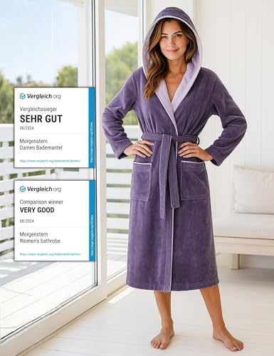 Morgenstern Bademantel Damen mit Kapuze 100% Baumwolle Frottee OEKO-TEX® Morgenmantel Leonie Lila Größe M
