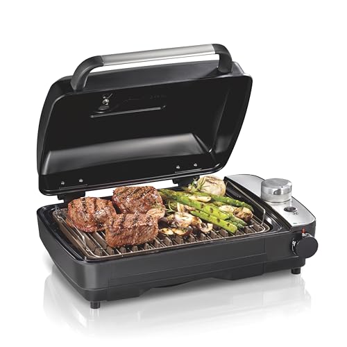 Hamilton Beach Electric Indoor Grill with Hot and Cold Smoke Infuser, 150°F - 450°F Temperature Control For Searing, Vented Hood and Fan, 116 Sq. In. Non-Stick Cooking Surface, Black (25375)