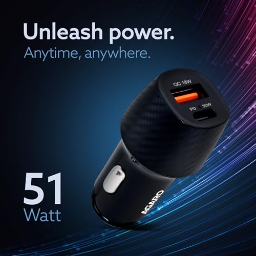 Image of AGARO Pulse Car Charger, Dual Port with 51W Fast Car Charger with Dual Output (33W Pd Type C Port + 18W USB A Port), Fast Charging, for Smartphones, iPhones, Tablets, Earbuds & More - Black