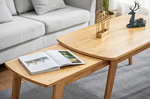 Smart Natural Bamboo Expandable Nesting Coffee Table Set, Square With Round Corner Shape Design, Stackable Sofa Side Tea Table, Accent Couch Side Dinning Table For Living Room, Office, Apartment #TOP3