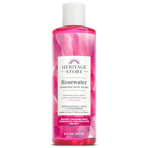 HERITAGE STORE Rosewater - Refreshing Facial Splash for Glowing Skin with Damask Rose - All Skin Types - Rose Water for Face - Made Without Dyes or Alcohol, Hypoallergenic, Vegan, Cruelty Free, 8oz