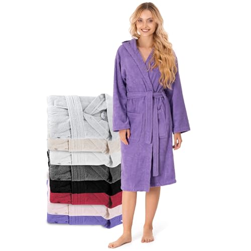 Twinzen Bademantel Damen - 100% Baumwolle (350g/m²) OEKO-TEX® Zertifiziert - Morgenmantel Damen mit Kapuze, 2 Taschen, Gürtel - Lila - L