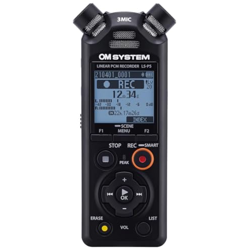 OM SYSTEM Olympus LS-P5 PCM Recorder with tresmic 3-Microphone, Bluetooth, Composite USB Microphone Mode, High Resolution Sound, Low-Cut Filter, 16GB Built-in Memory.