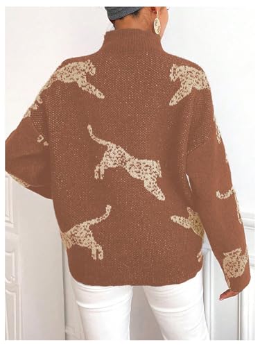 Image of WDIRARA Women's Leopard Tiger Print Sweater High Neck Long Sleeve Fuzzy Knitted Pullover Top