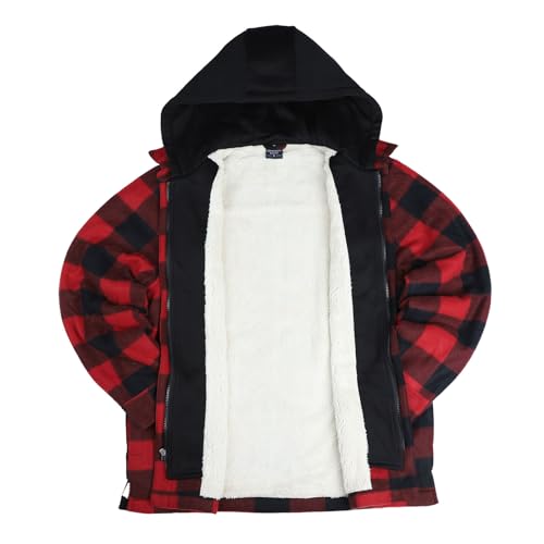 Image of TanBridge Men's Cotton Plaid Shirts Jacket Full Zip Fleece Flannel Sherpa Lined Hoodies Heavyweight Hoodies Jacket for Men