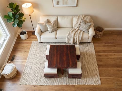 Image of Soild Sheesham Wood Centre Coffee Table with 4 Stools for Living Room Hall Bedroom Office|Wooden Center Coffee Table for Outdoor Garden Home | (Mahogany Finish)