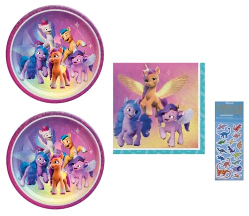 Unique My Little Pony Party Supplies Bundle Pack includese 16 Paper Plates, 16 Paper Napkins, 1 Dinosaur Sticker Sheet