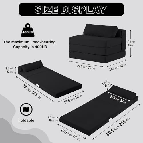 Image of Tiita Folding Sofa Bed Chair, 4-Fold Convertible Sleeper Chair with Lumbar Pillow, Washable Cover & Side Pocket, Floor Couch Bed with Raised Seat, Single Size for Small Spaces, Black