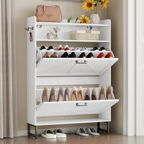 Image of BORNOON Shoe Cabinet with 2 Flip Drawers Narrow Shoe Storage Cabinet Organizer Wooden Freestanding Shoe Rack Hidden Slim Shoes Storage Cabinet for Entryway, Hallway, Bedroom