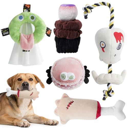5 Pack Dog Squeaky Toys, 4 Spooky Snacks + Skull Rope Large Dog C...