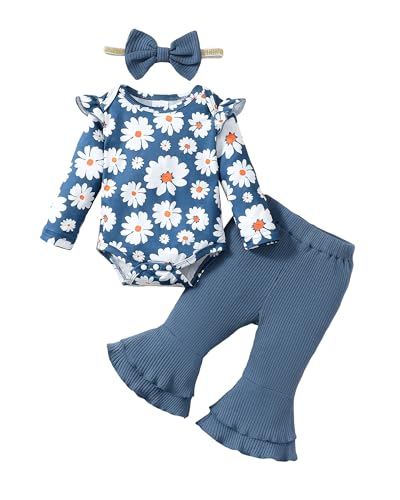 Image of SUNNY PIGGY Baby Girl Clothes Newborn Outfits Ruffle Floral Romper Flared Pants 3Pcs for Infant 0 3 6 9 12 18 24 Months