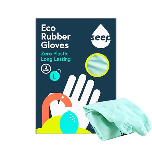 SEEP Eco Large Rubber Kitchen Gloves - 3 Pack - Washing Up Gloves Made Using Compostable Rubber - Multi-purpose Household - FSC & Fair-trade Certified, Turquoise
