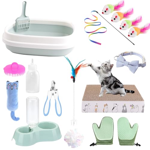 Kitten Starter Kit - 16 Pcs Cat Essentials Set Includes Litter Box Toys Collars Scratch Pad Nail File Automatic Feed Bowls Grooming Gloves (Blue 16 Pcs)